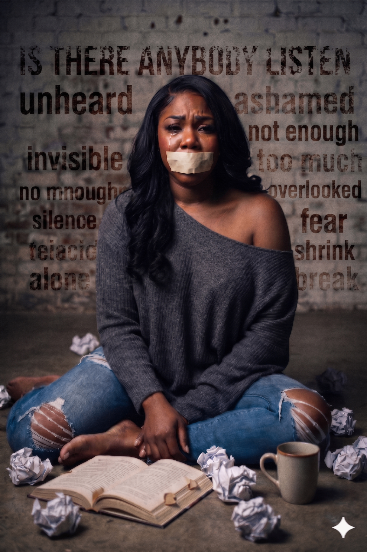 Portrait evoking the silence and weight behind Is There Anybody Listening?